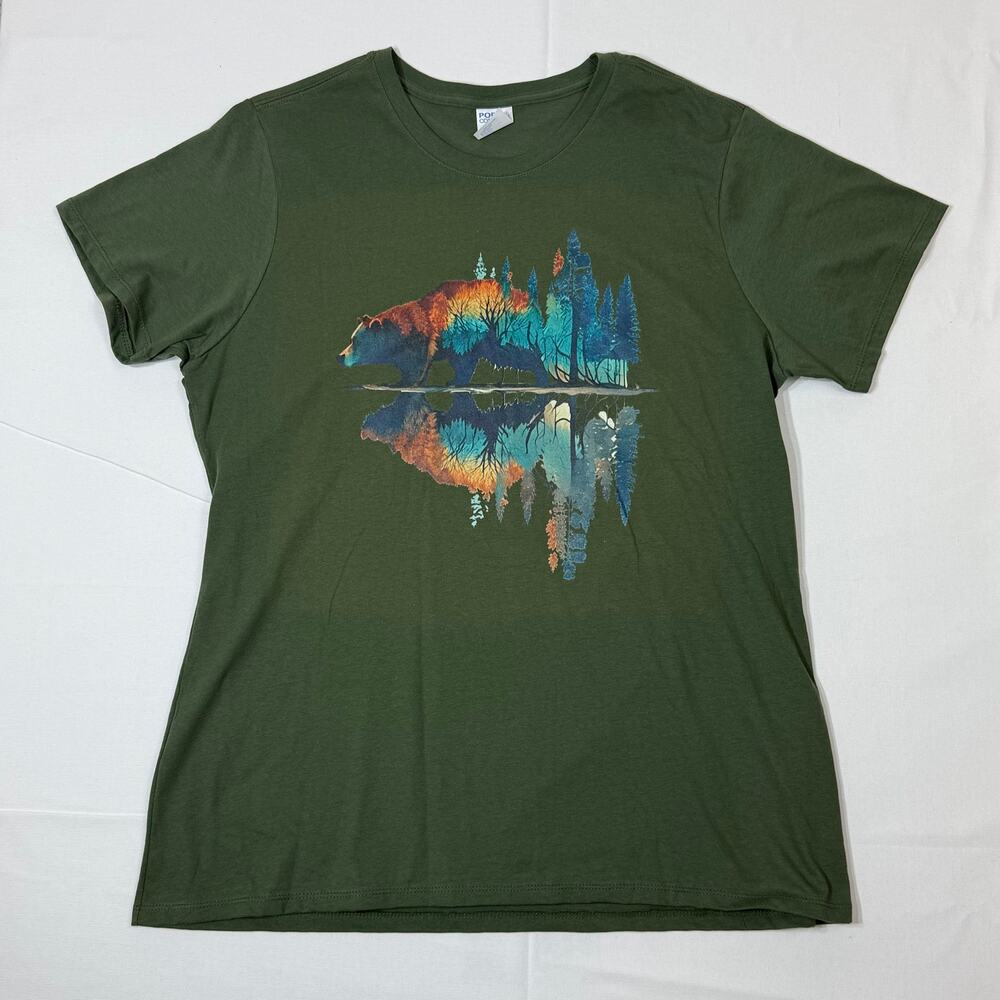 Women’s XL Nature Bear Graphic Tee – Green Scenic Wilderness Print – 100% Cotton